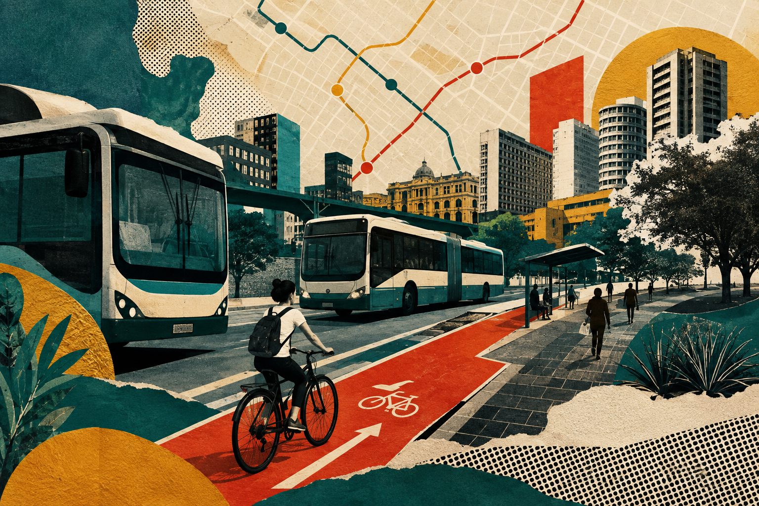 Colagem de ônibus, ciclovias e prédios representando cidades e mobilidade