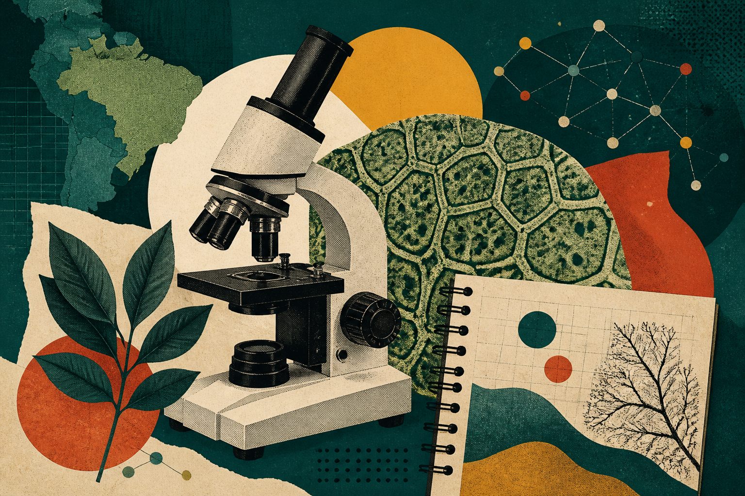 Colagem de microscópio, células e pontos de dados representando ciência