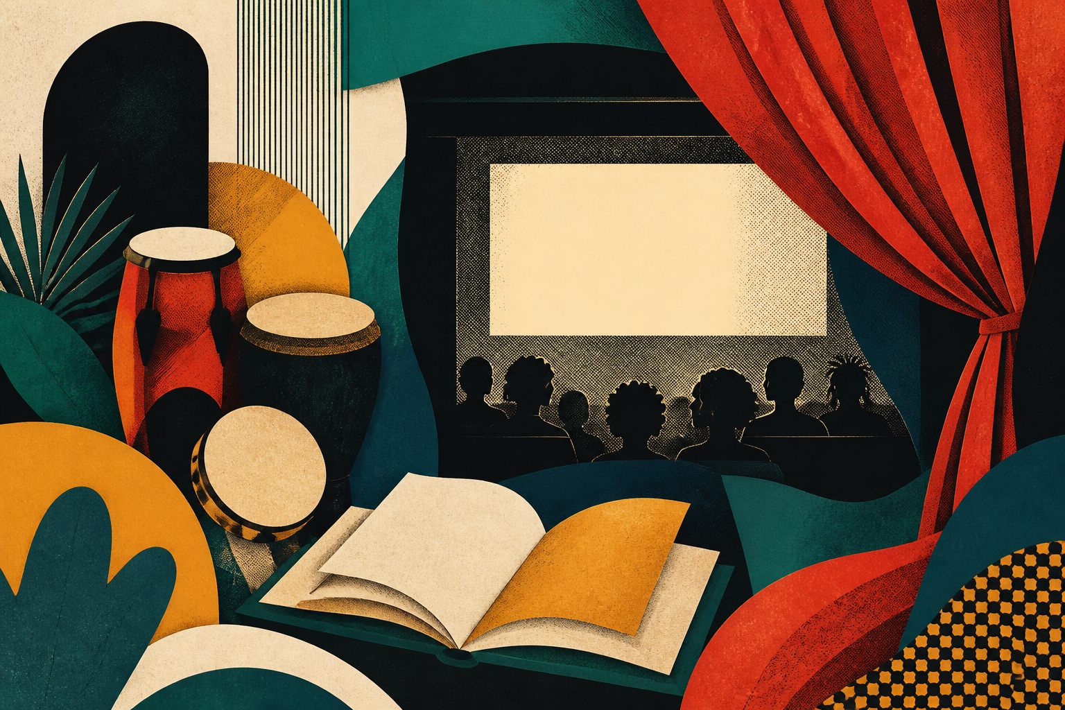 Colagem de livro, cinema e palco representando cultura brasileira