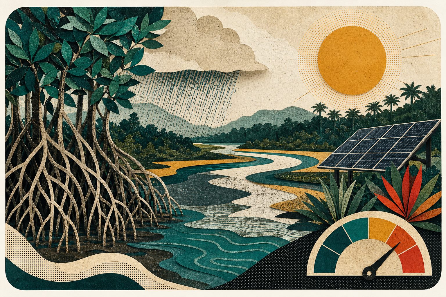 Colagem de mangue, chuva, rios e energia solar representando ambiente