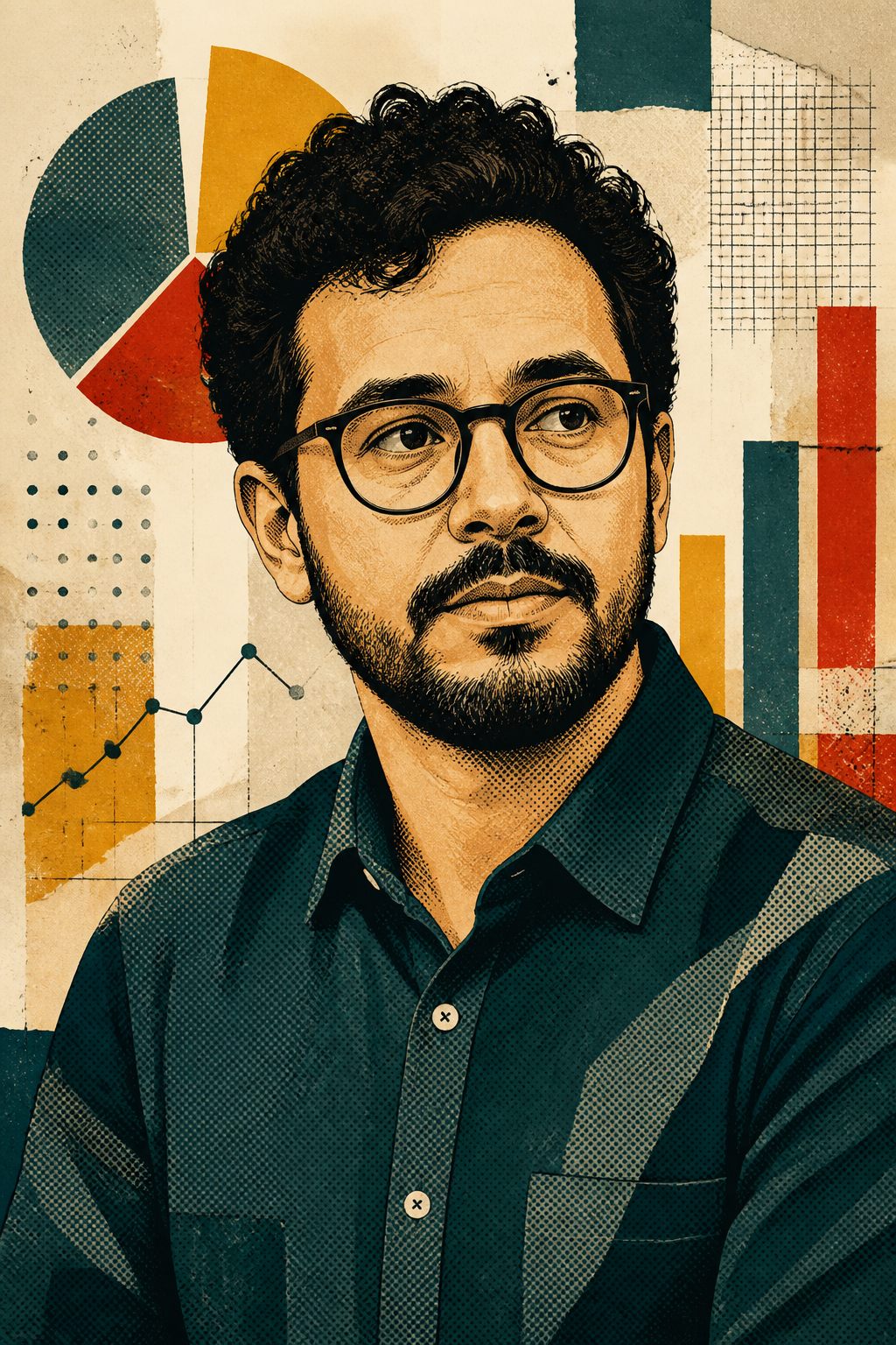 Retrato em colagem de Rafael Moraes, jornalista de dados