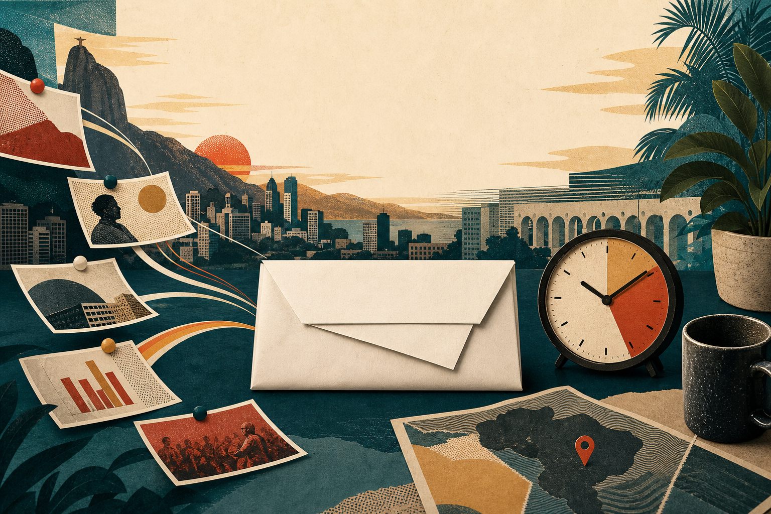 Colagem de uma newsletter sendo organizada ao amanhecer