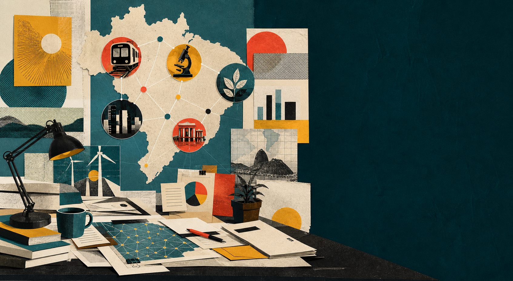Colagem editorial de uma mesa de redação conectando fontes públicas em todo o Brasil